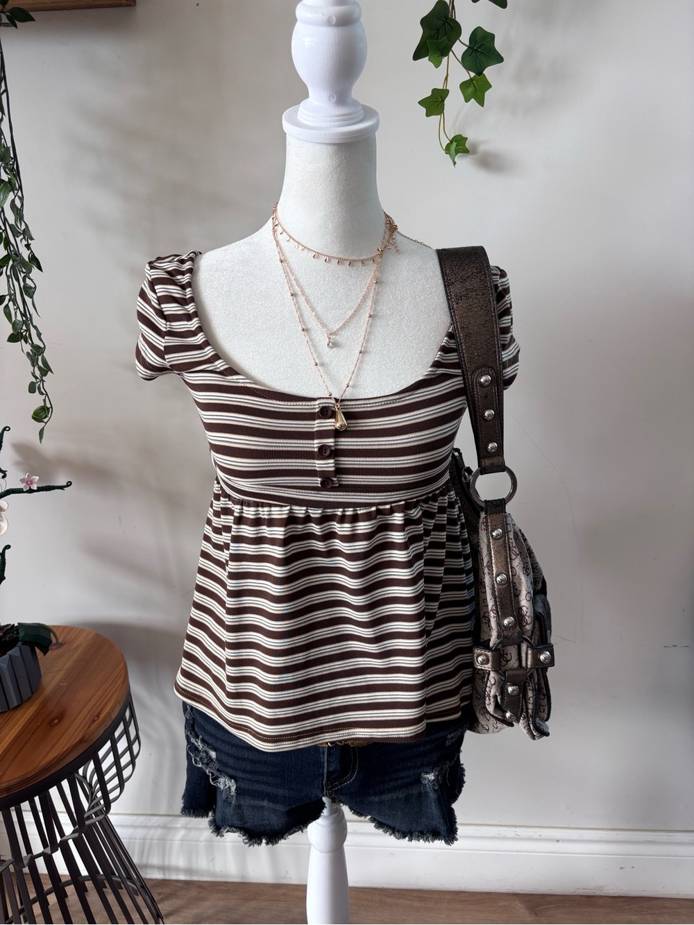 Brown & Cream Striped Scoop-Neck Women's babydoll Top